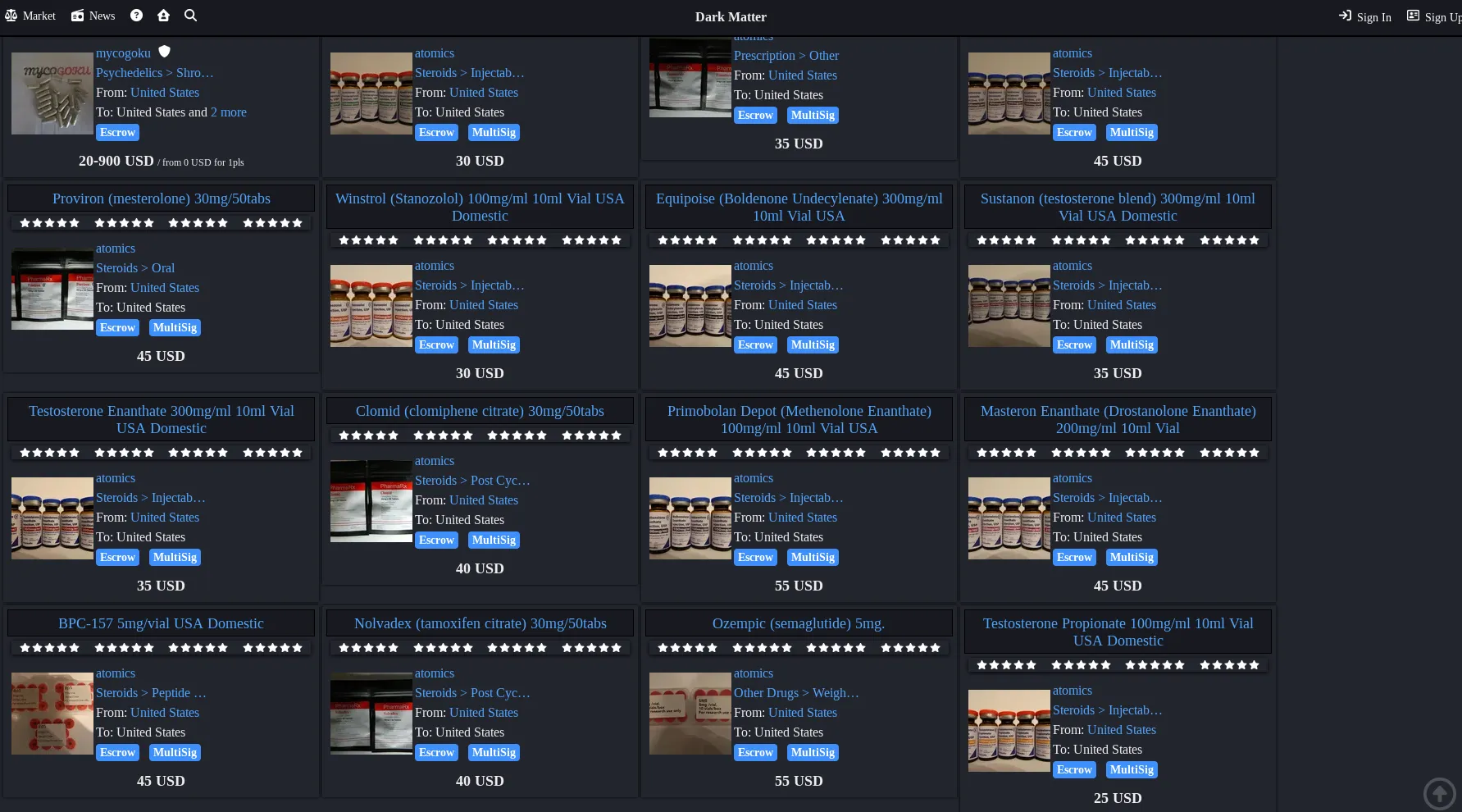 DarkMatter marketplace interface showing product listings and secure transaction options